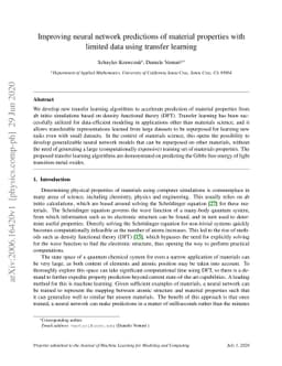 Improving neural network predictions of material properties with limited
  data using transfer learning