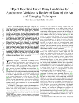 Object Detection Under Rainy Conditions for Autonomous Vehicles: A
  Review of State-of-the-Art and Emerging Techniques