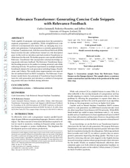 Relevance Transformer: Generating Concise Code Snippets with Relevance
  Feedback
