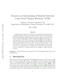 Towards an Understanding of Residual Networks Using Neural Tangent
  Hierarchy (NTH)