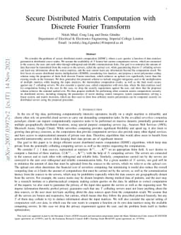 Secure Distributed Matrix Computation with Discrete Fourier Transform