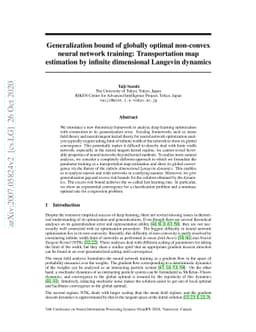 Generalization bound of globally optimal non-convex neural network
  training: Transportation map estimation by infinite dimensional Langevin
  dynamics