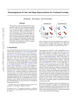 Disentanglement of Color and Shape Representations for Continual
  Learning