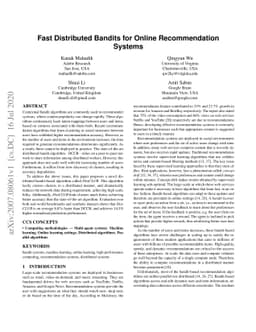 Fast Distributed Bandits for Online Recommendation Systems
