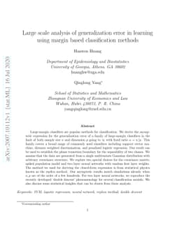 Large scale analysis of generalization error in learning using margin
  based classification methods