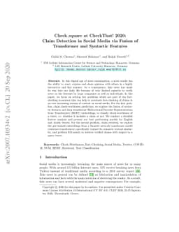 Check_square at CheckThat! 2020: Claim Detection in Social Media via
  Fusion of Transformer and Syntactic Features