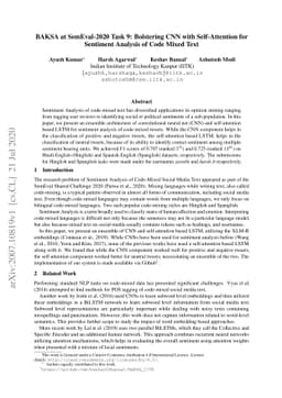 BAKSA at SemEval-2020 Task 9: Bolstering CNN with Self-Attention for
  Sentiment Analysis of Code Mixed Text