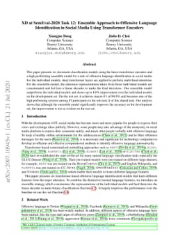 XD at SemEval-2020 Task 12: Ensemble Approach to Offensive Language
  Identification in Social Media Using Transformer Encoders
