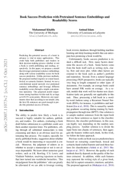 Book Success Prediction with Pretrained Sentence Embeddings and
  Readability Scores