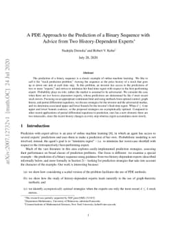 A PDE Approach to the Prediction of a Binary Sequence with Advice from
  Two History-Dependent Experts