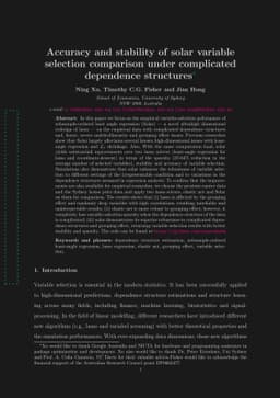 Accuracy and stability of solar variable selection comparison under
  complicated dependence structures