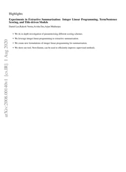 Experiments in Extractive Summarization: Integer Linear Programming,
  Term/Sentence Scoring, and Title-driven Models