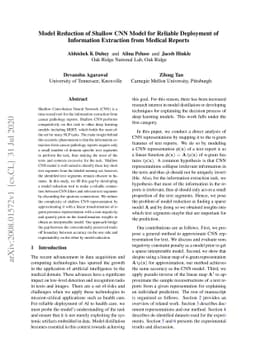Model Reduction of Shallow CNN Model for Reliable Deployment of
  Information Extraction from Medical Reports