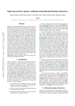 Improving on-device speaker verification using federated learning with
  privacy