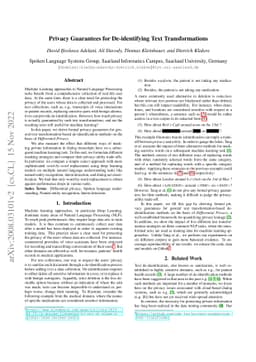 Privacy Guarantees for De-identifying Text Transformations