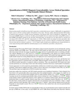 Quantification of BERT Diagnosis Generalizability Across Medical
  Specialties Using Semantic Dataset Distance