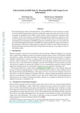 UoB at SemEval-2020 Task 12: Boosting BERT with Corpus Level Information