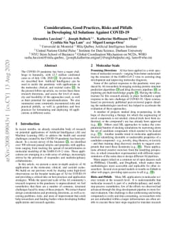 Considerations, Good Practices, Risks and Pitfalls in Developing AI
  Solutions Against COVID-19