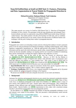 Team DoNotDistribute at SemEval-2020 Task 11: Features, Finetuning, and
  Data Augmentation in Neural Models for Propaganda Detection in News Articles
