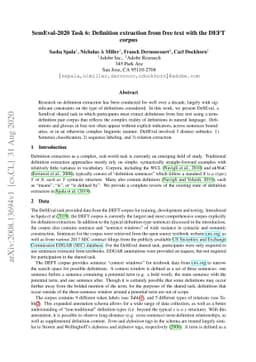 SemEval-2020 Task 6: Definition extraction from free text with the DEFT
  corpus