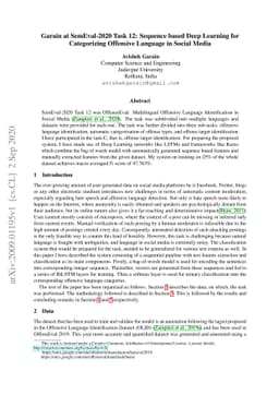 Garain at SemEval-2020 Task 12: Sequence based Deep Learning for
  Categorizing Offensive Language in Social Media
