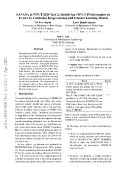 BANANA at WNUT-2020 Task 2: Identifying COVID-19 Information on Twitter
  by Combining Deep Learning and Transfer Learning Models
