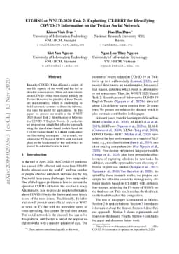 UIT-HSE at WNUT-2020 Task 2: Exploiting CT-BERT for Identifying COVID-19
  Information on the Twitter Social Network