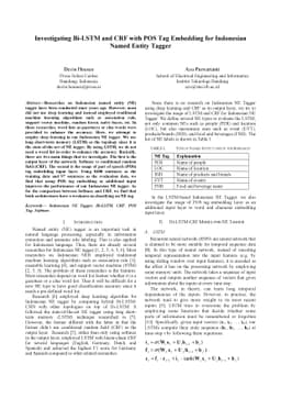 Investigating Bi-LSTM and CRF with POS Tag Embedding for Indonesian
  Named Entity Tagger