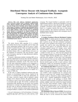 Distributed Mirror Descent with Integral Feedback: Asymptotic
  Convergence Analysis of Continuous-time Dynamics