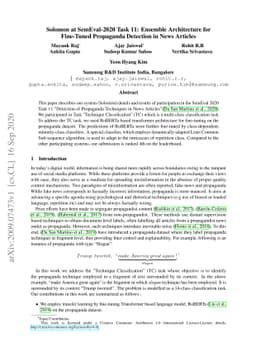 Solomon at SemEval-2020 Task 11: Ensemble Architecture for Fine-Tuned
  Propaganda Detection in News Articles