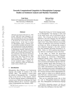 Towards Computational Linguistics in Minangkabau Language: Studies on
  Sentiment Analysis and Machine Translation