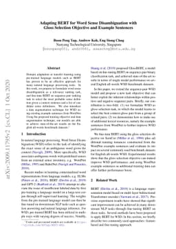 Adapting BERT for Word Sense Disambiguation with Gloss Selection
  Objective and Example Sentences