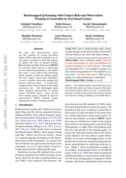 Bootstrapped Q-learning with Context Relevant Observation Pruning to
  Generalize in Text-based Games