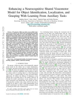 Enhancing a Neurocognitive Shared Visuomotor Model for Object
  Identification, Localization, and Grasping With Learning From Auxiliary Tasks