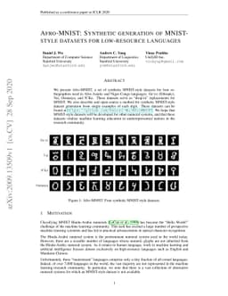 Afro-MNIST: Synthetic generation of MNIST-style datasets for
  low-resource languages
