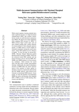 Multi-document Summarization with Maximal Marginal Relevance-guided
  Reinforcement Learning