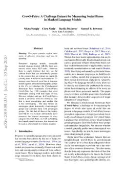 CrowS-Pairs: A Challenge Dataset for Measuring Social Biases in Masked
  Language Models