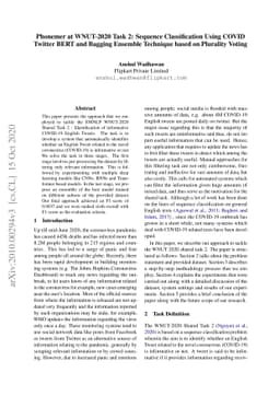 Phonemer at WNUT-2020 Task 2: Sequence Classification Using COVID
  Twitter BERT and Bagging Ensemble Technique based on Plurality Voting