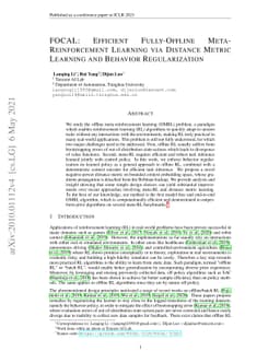 FOCAL: Efficient Fully-Offline Meta-Reinforcement Learning via Distance
  Metric Learning and Behavior Regularization