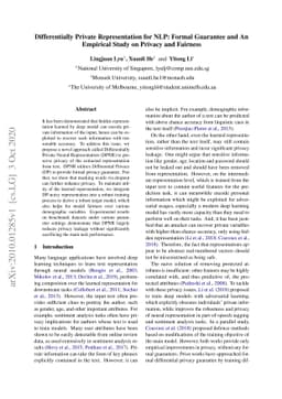 Differentially Private Representation for NLP: Formal Guarantee and An
  Empirical Study on Privacy and Fairness