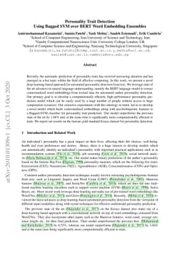 Personality Trait Detection Using Bagged SVM over BERT Word Embedding
  Ensembles