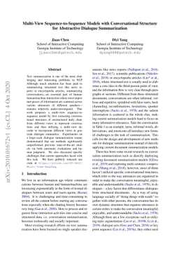 Multi-View Sequence-to-Sequence Models with Conversational Structure for
  Abstractive Dialogue Summarization