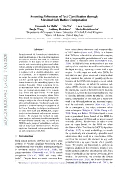 Assessing Robustness of Text Classification through Maximal Safe Radius
  Computation