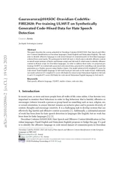 Gauravarora@HASOC-Dravidian-CodeMix-FIRE2020: Pre-training ULMFiT on
  Synthetically Generated Code-Mixed Data for Hate Speech Detection