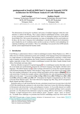 gundapusunil at SemEval-2020 Task 9: Syntactic Semantic LSTM
  Architecture for SENTIment Analysis of Code-MIXed Data