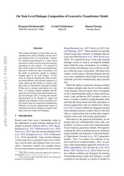 On Task-Level Dialogue Composition of Generative Transformer Model