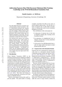 Addressing Exposure Bias With Document Minimum Risk Training: Cambridge
  at the WMT20 Biomedical Translation Task