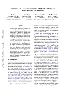 Improving Text Generation Evaluation with Batch Centering and Tempered
  Word Mover Distance