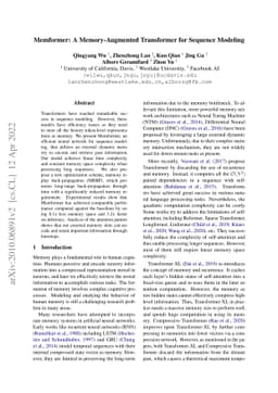 Memformer: A Memory-Augmented Transformer for Sequence Modeling