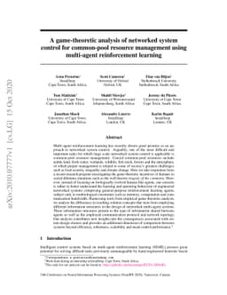 A game-theoretic analysis of networked system control for common-pool
  resource management using multi-agent reinforcement learning